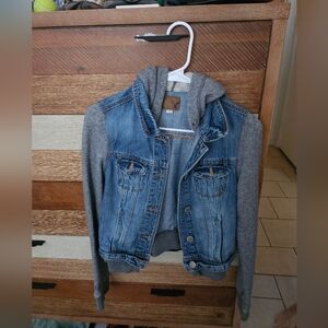 American EAGLE Denim Jacket with Gray Knit Sleeves and Hood